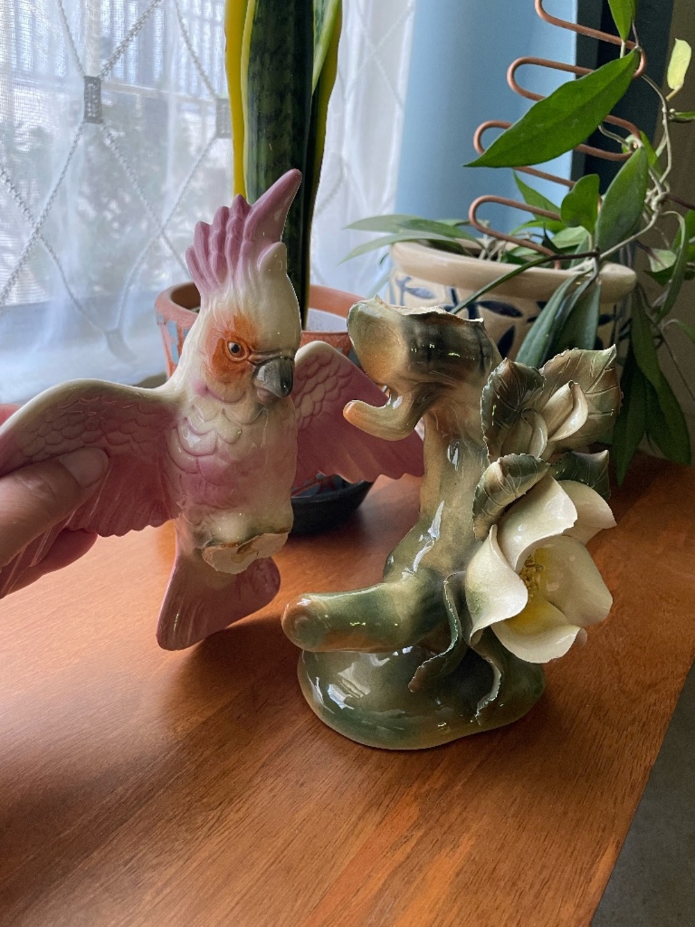 Wm Maddux California Pottery Pink Cockatoo on Stump with Magnolia Flower (broken